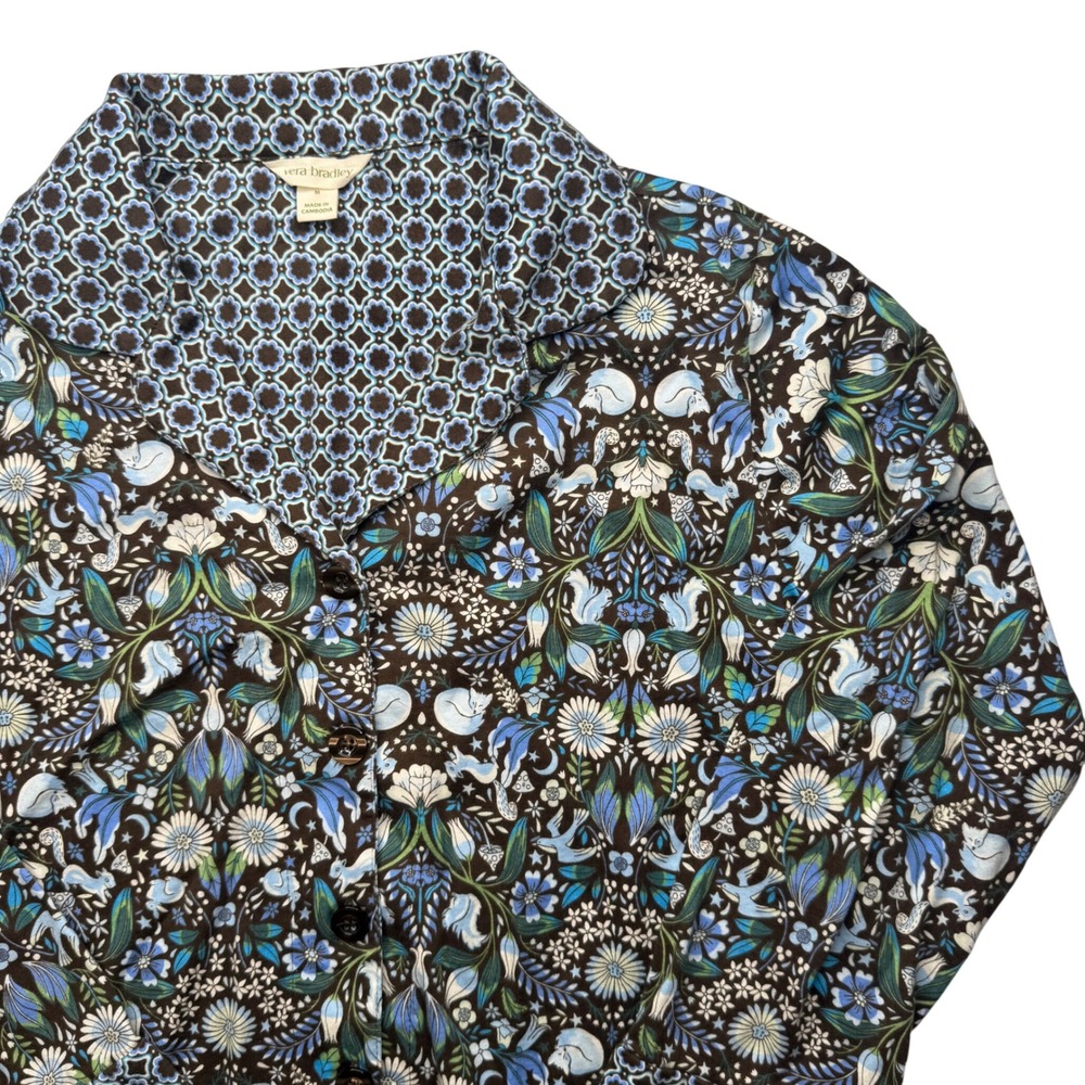 Vera Bradley Woodland Fairy Top Womens M Brown Blue Floral Cotton cozy layering